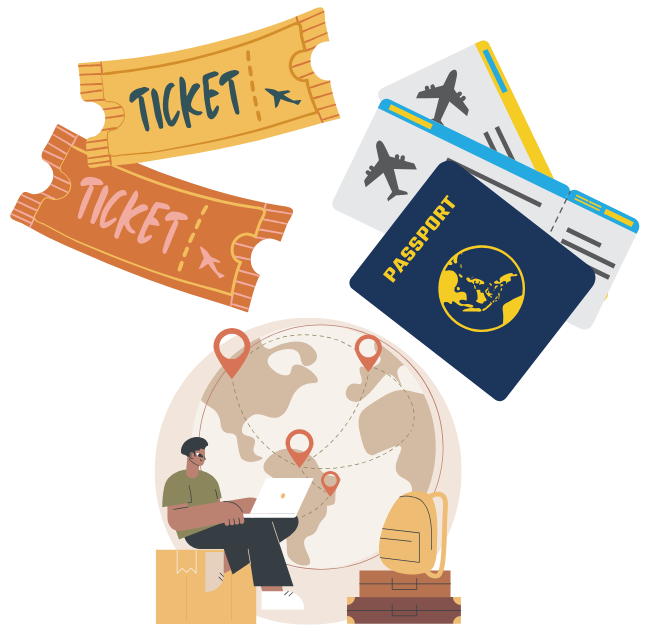 Illustration of passport, tickets, and digital nomad with map